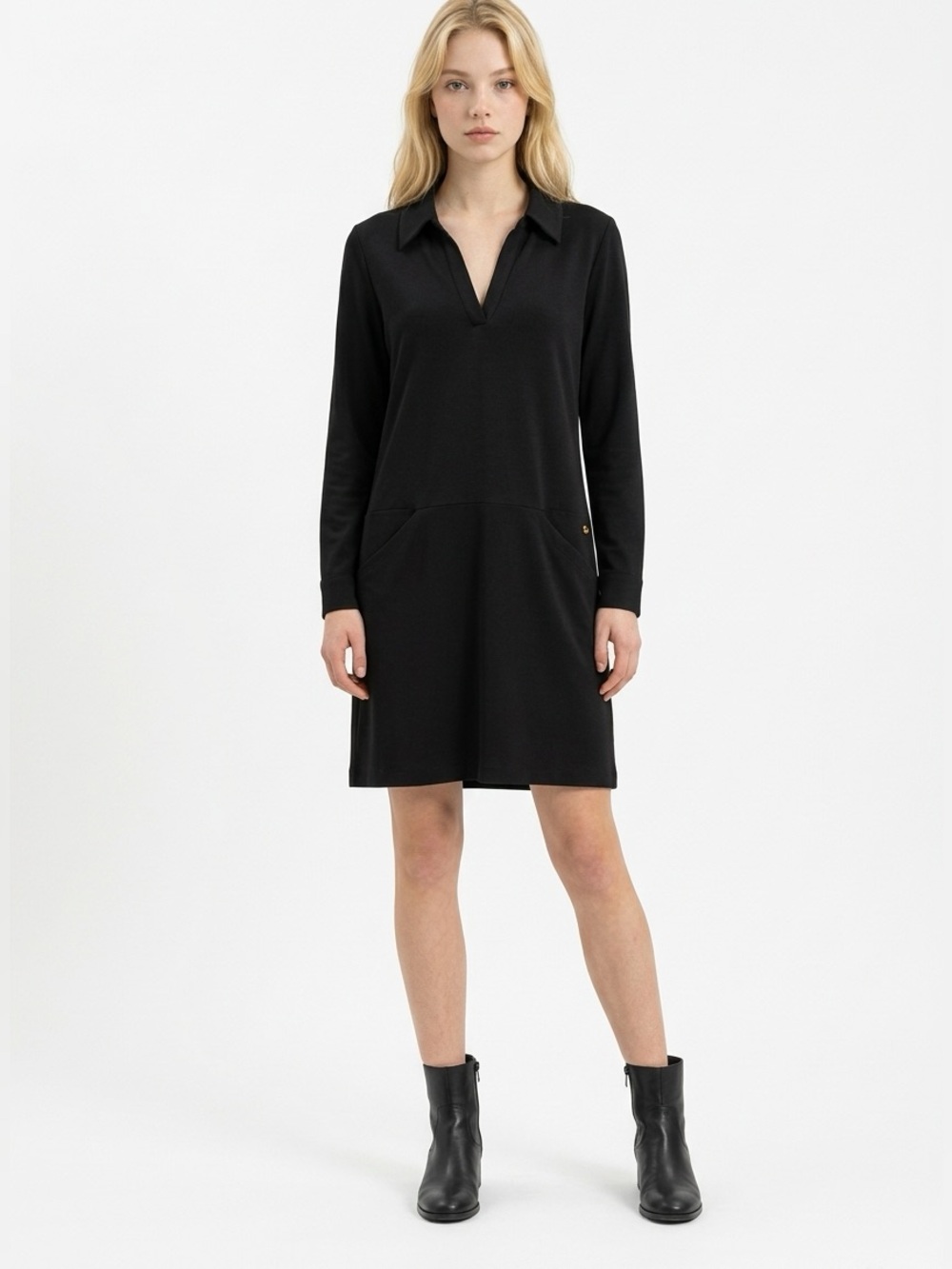 Lilly Pulitzer X Meryl Black long-sleeve polo-style or notch-neck jersey dress